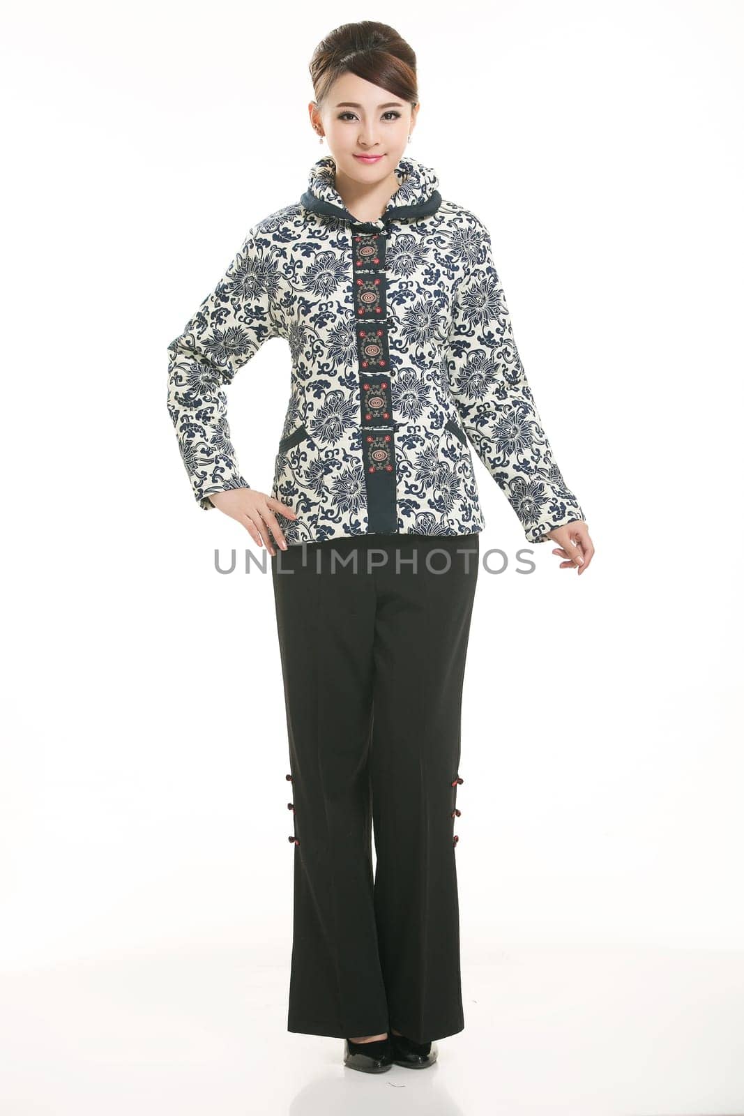 Wearing Chinese clothing waiter in front of a white background