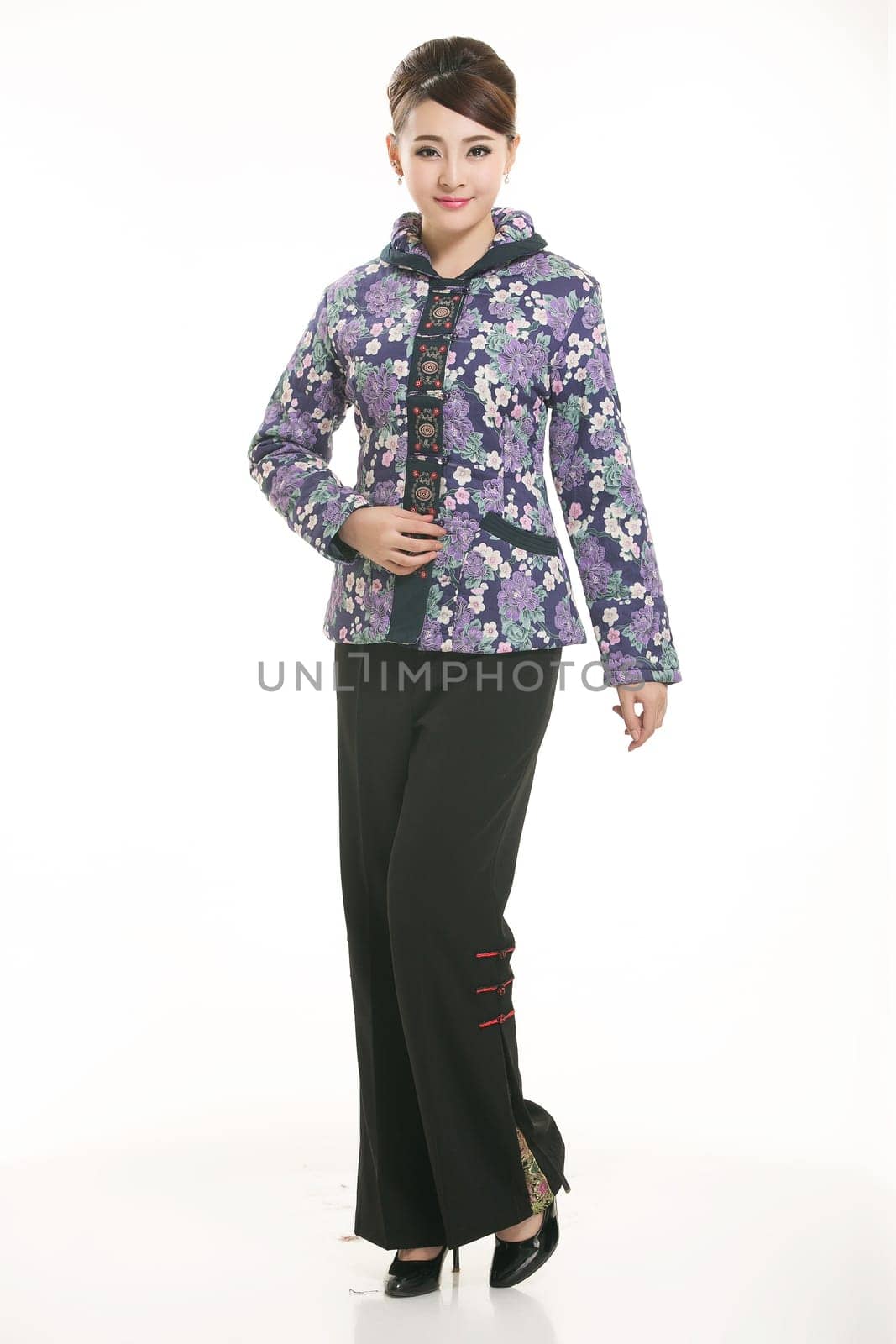 Wearing Chinese clothing waiter in front of a white background