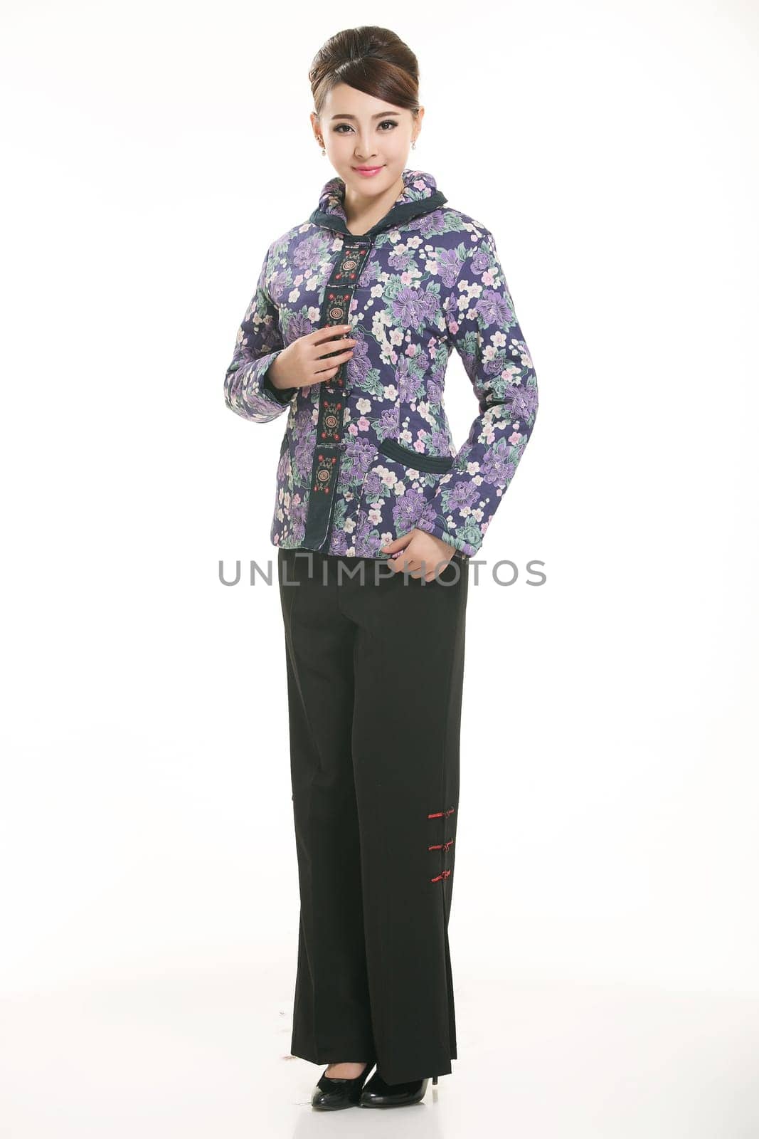 Wearing Chinese clothing waiter in front of a white background