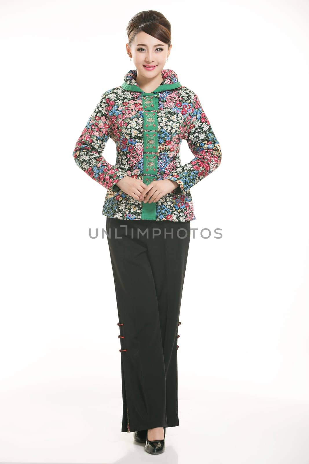Wearing Chinese clothing waiter in front of a white background