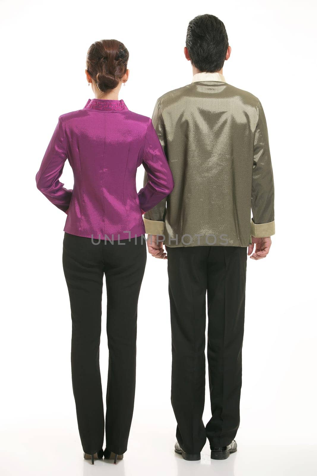 Wearing Chinese clothing waiter in front of a white background