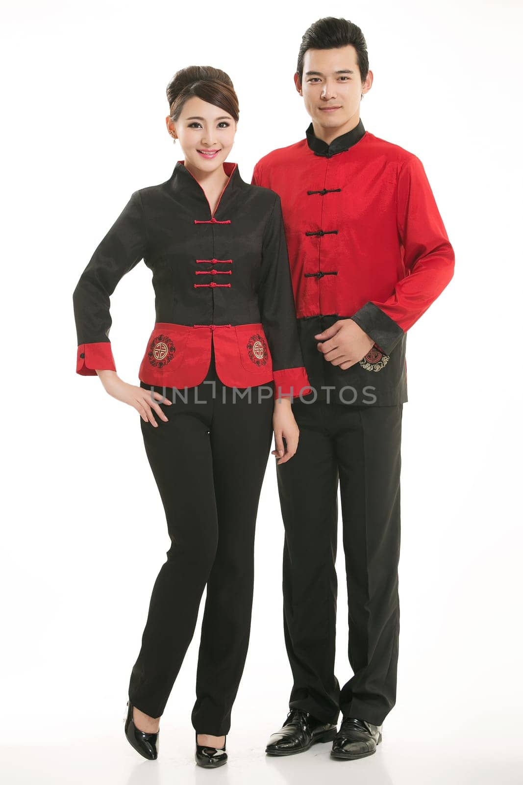 Wearing Chinese clothing waiter in front of a white background