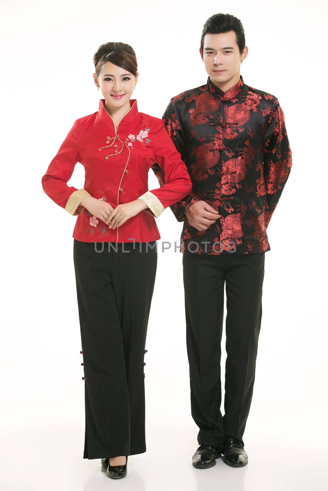 Wearing Chinese clothing waiter in front of a white background