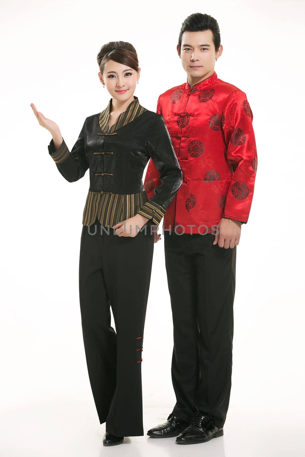 Wearing Chinese clothing waiter in front of a white background
