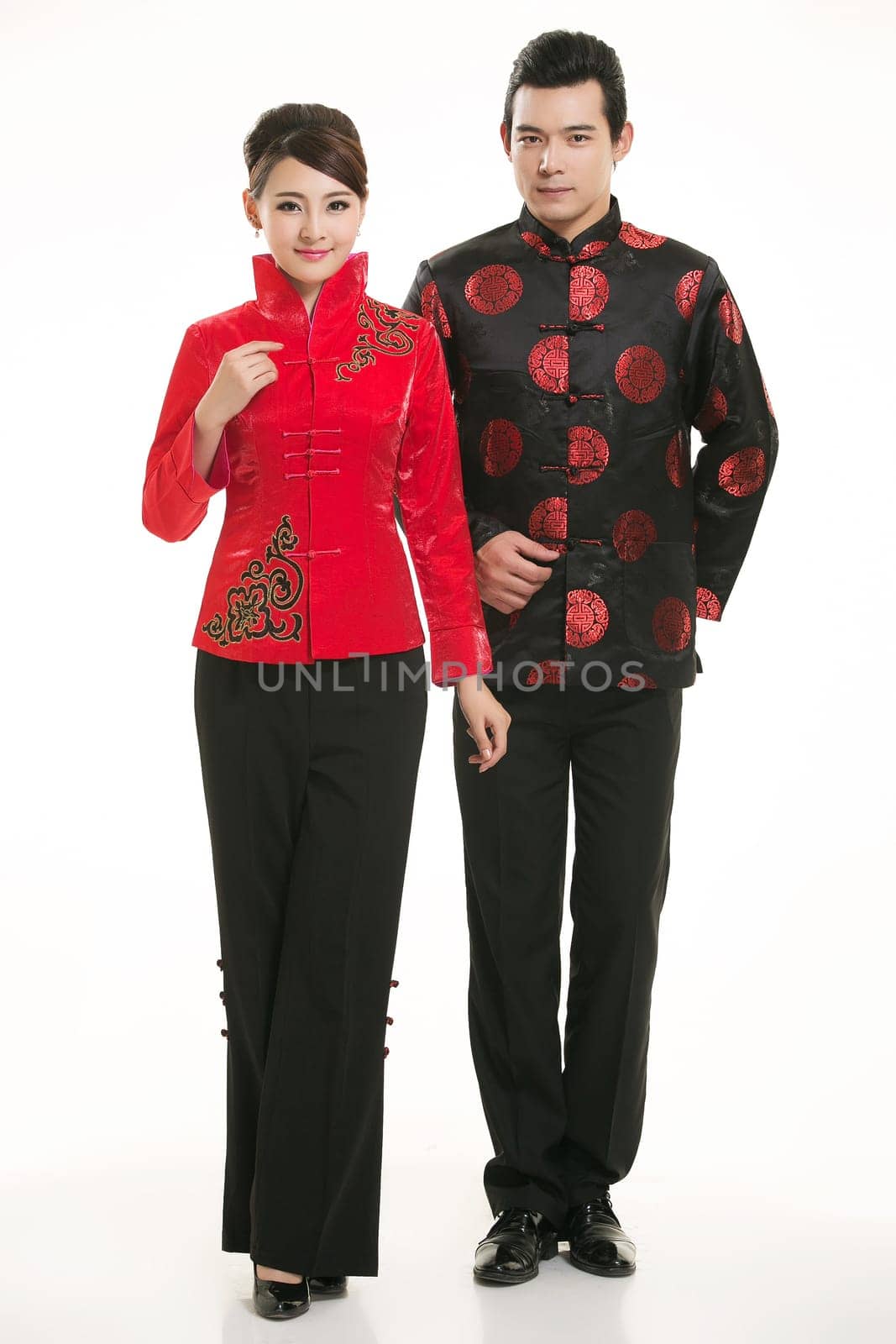 Wearing Chinese clothing waiter in front of a white background