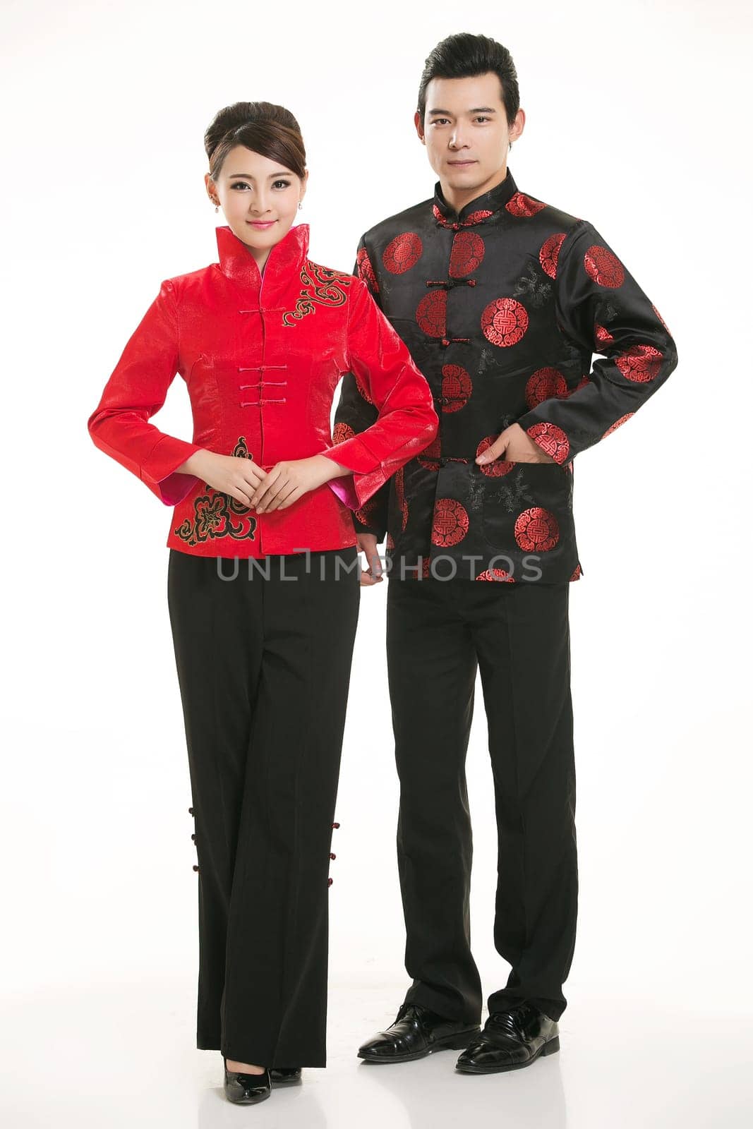 Wearing Chinese clothing waiter in front of a white background