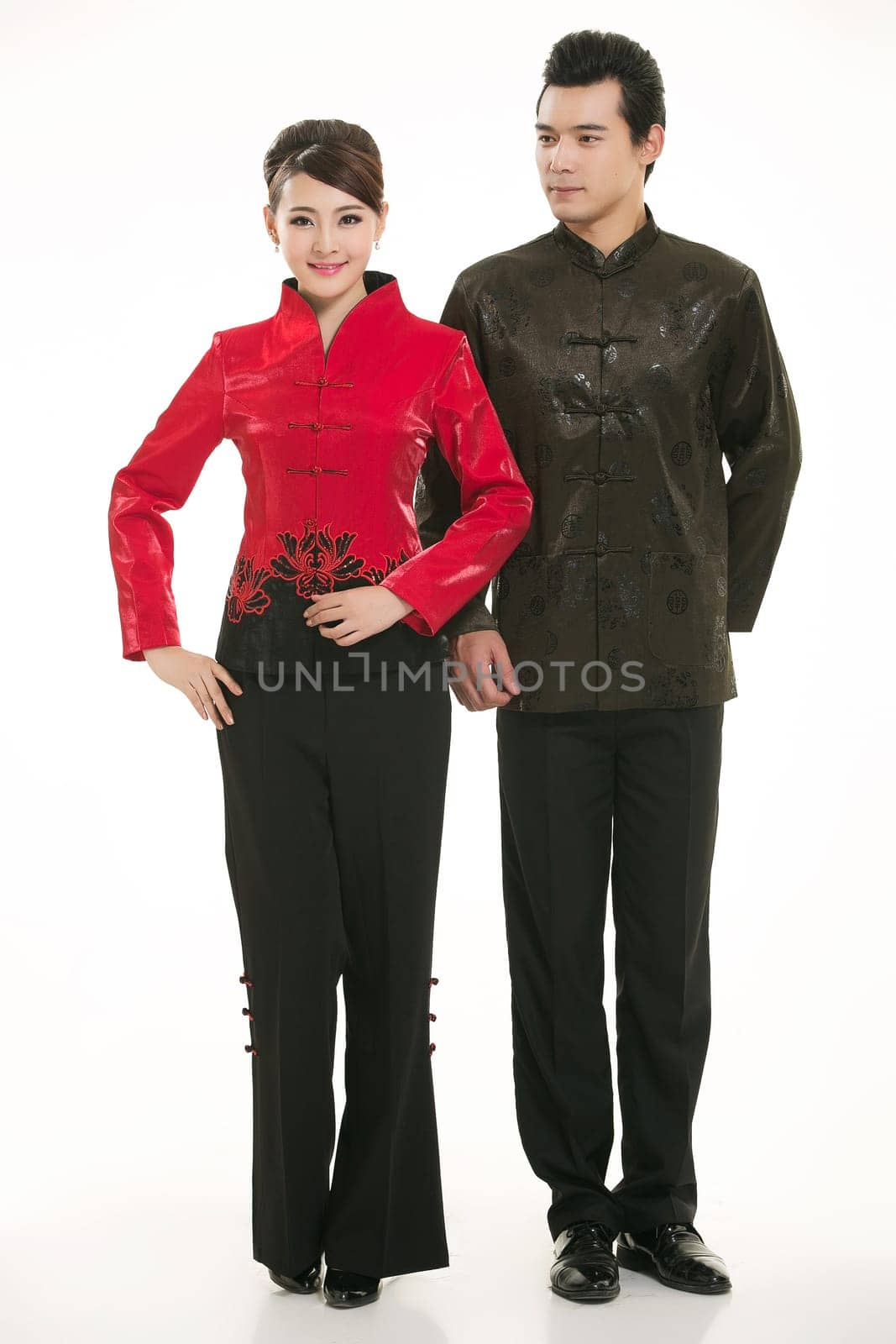 Wearing Chinese clothing waiter in front of a white background