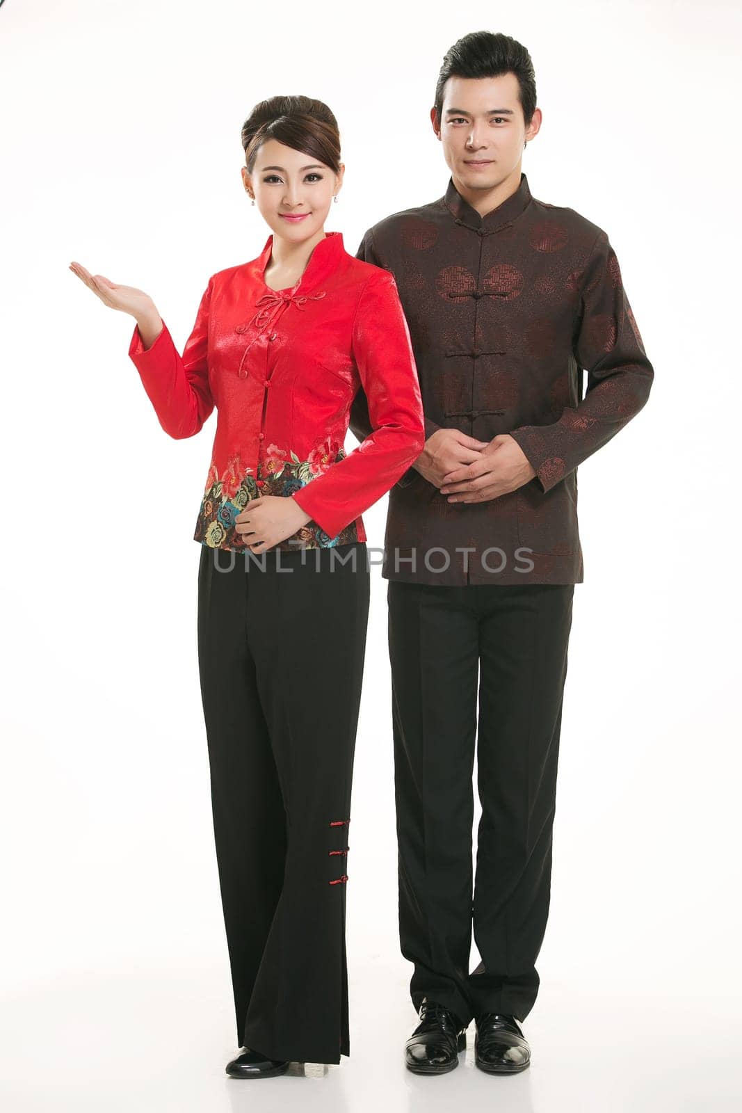 Wearing Chinese clothing waiter in front of a white background