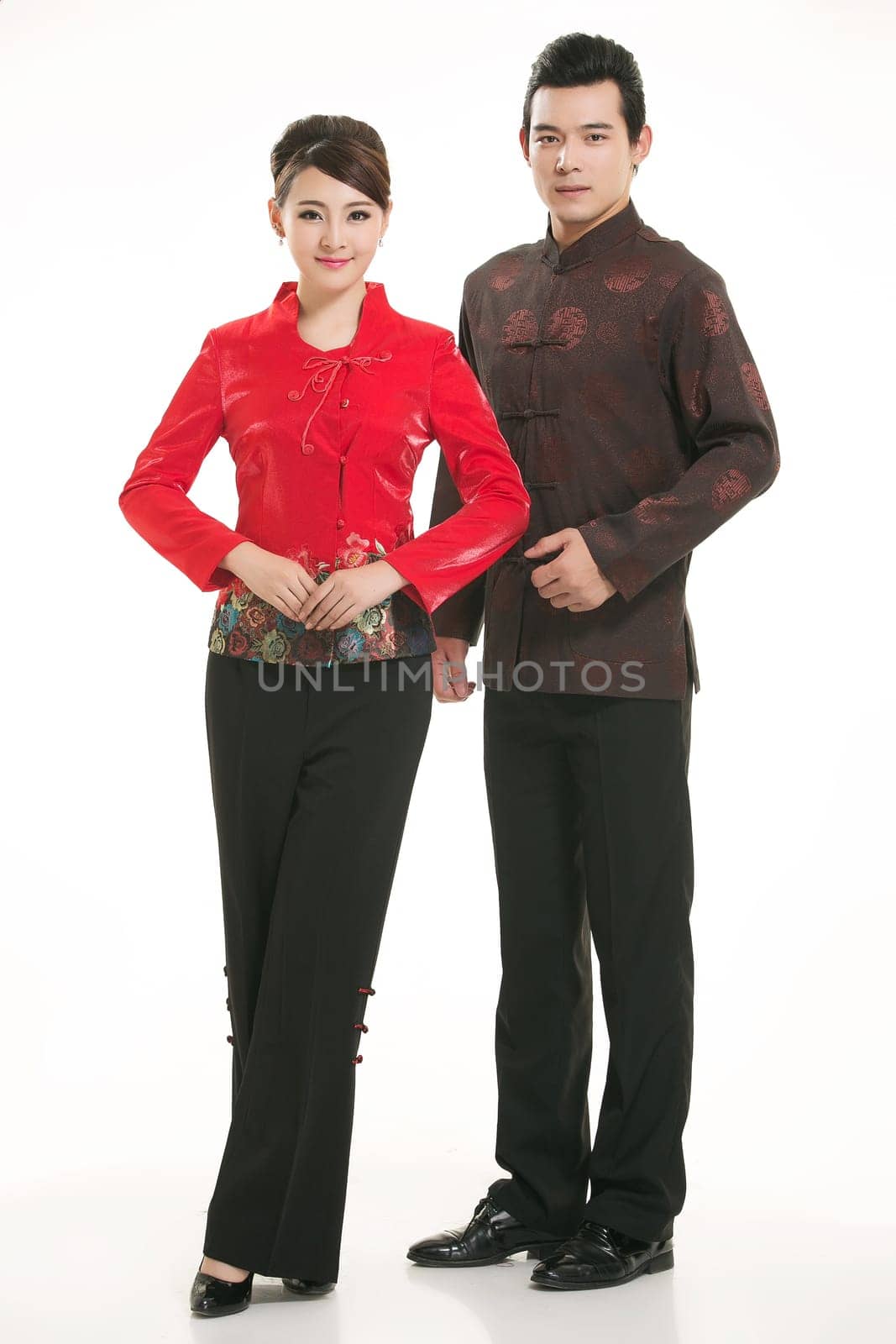 Wearing Chinese clothing waiter in front of a white background