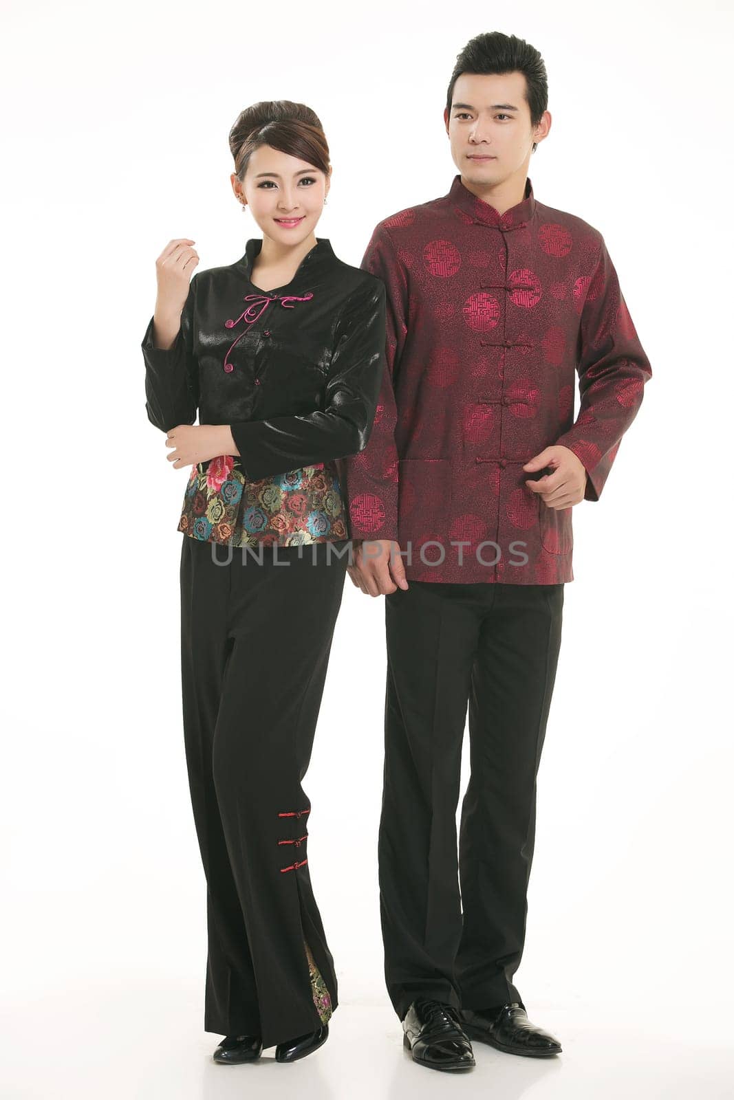 Wearing Chinese clothing waiter in front of a white background