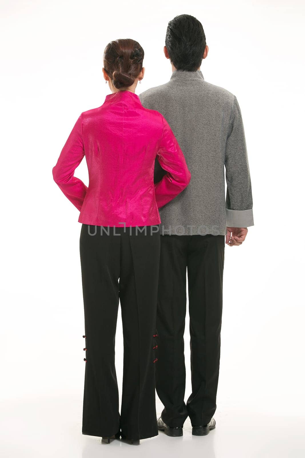 Wearing Chinese clothing waiter in front of a white background