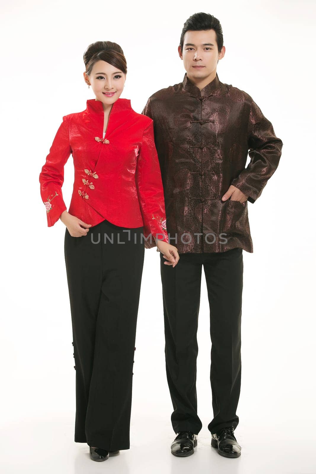 Wearing Chinese clothing waiter in front of a white background