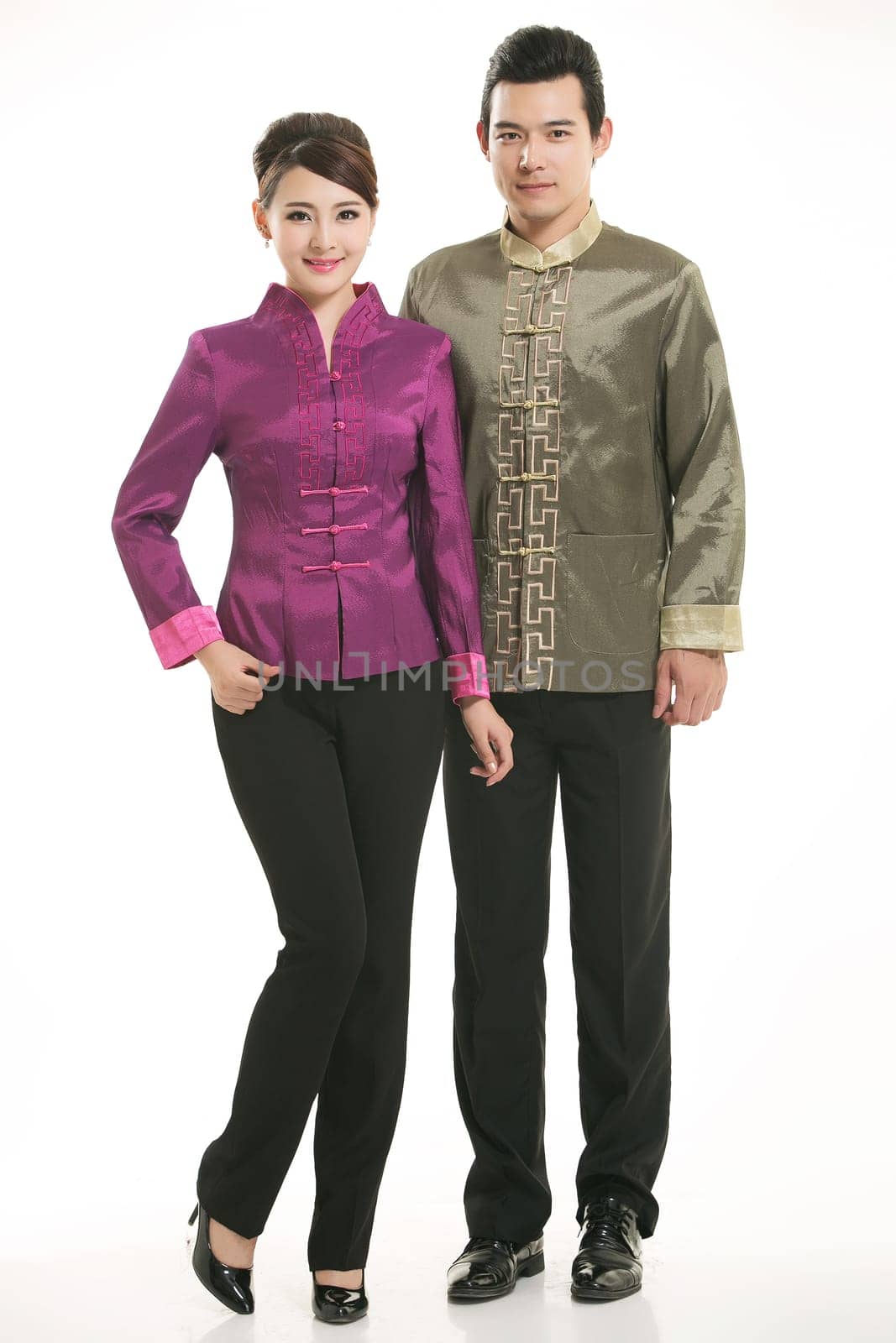 Wearing Chinese clothing waiter in front of a white background
