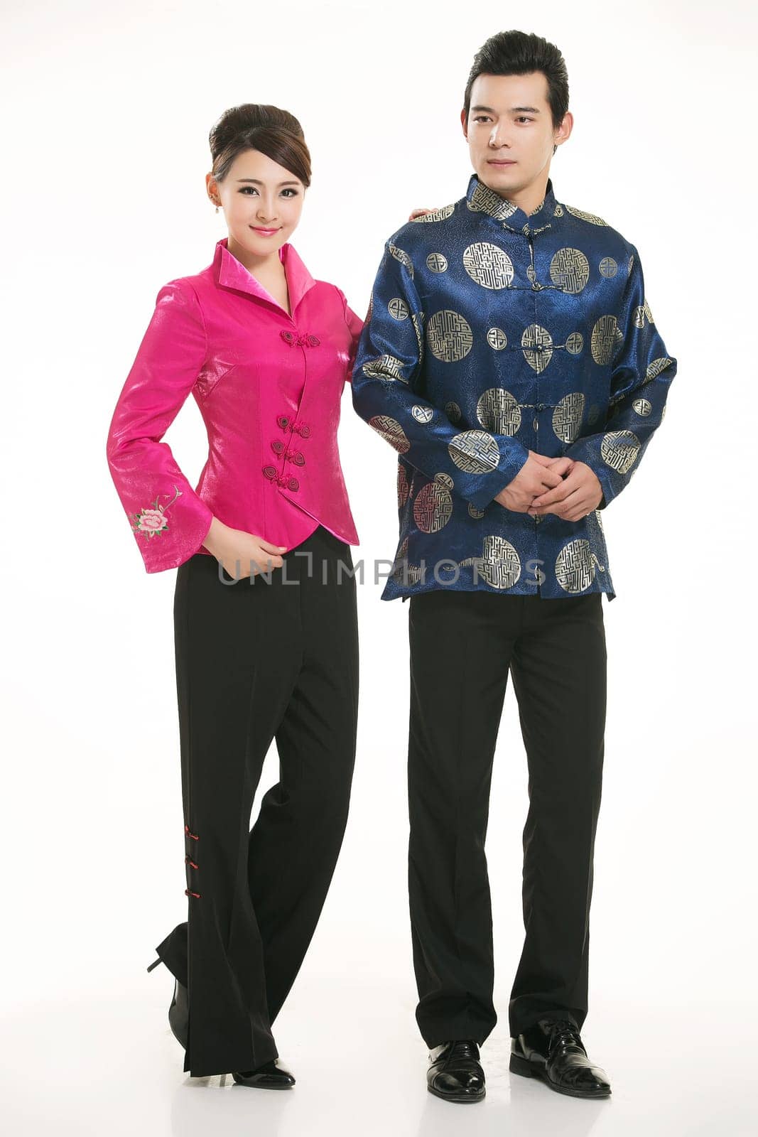 Wearing Chinese clothing waiter in front of a white background