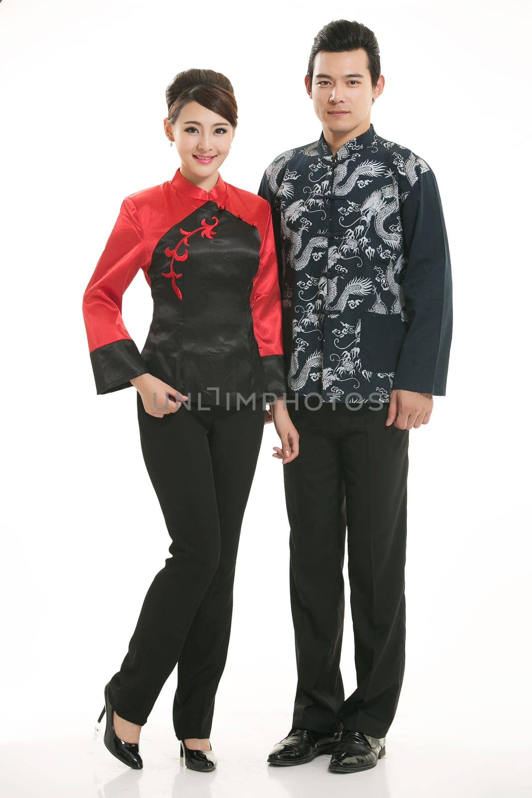 Wearing Chinese clothing waiter in front of a white background