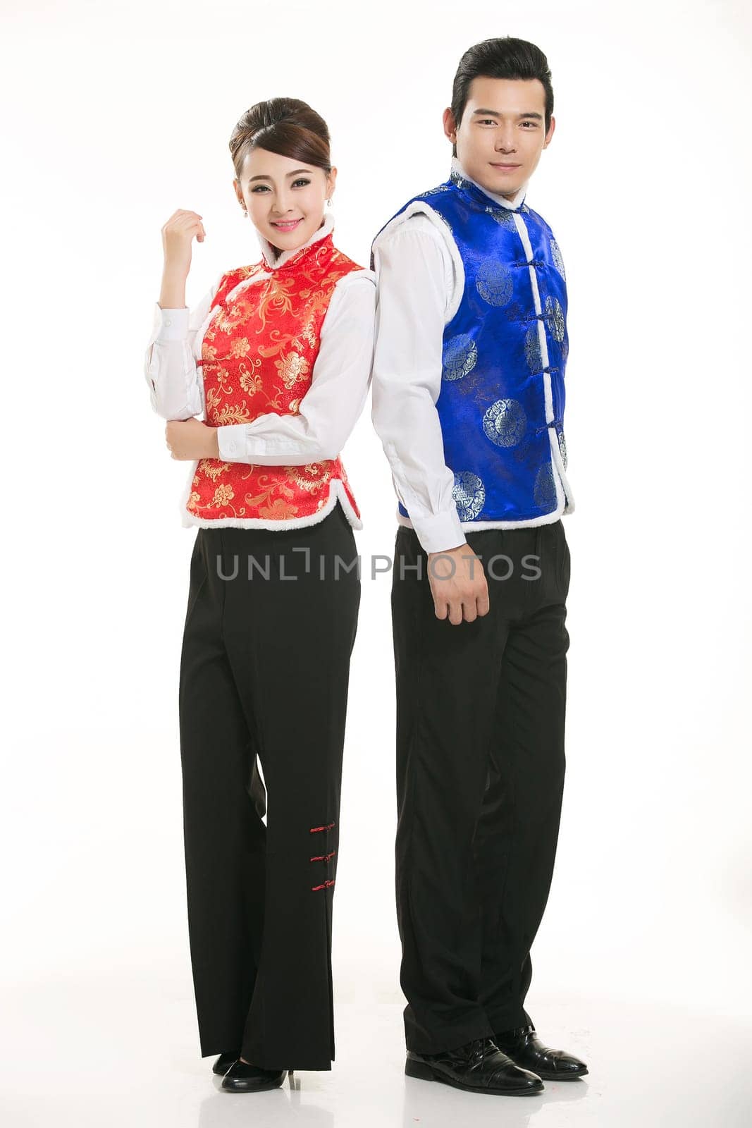 Wearing Chinese clothing waiter in front of a white background