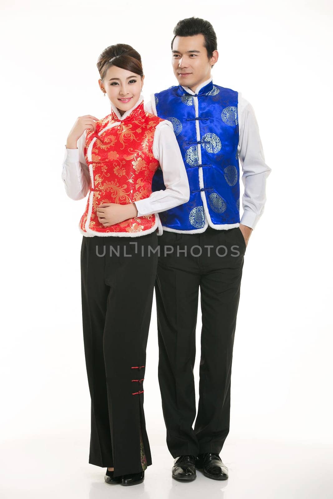 Wearing Chinese clothing waiter in front of a white background