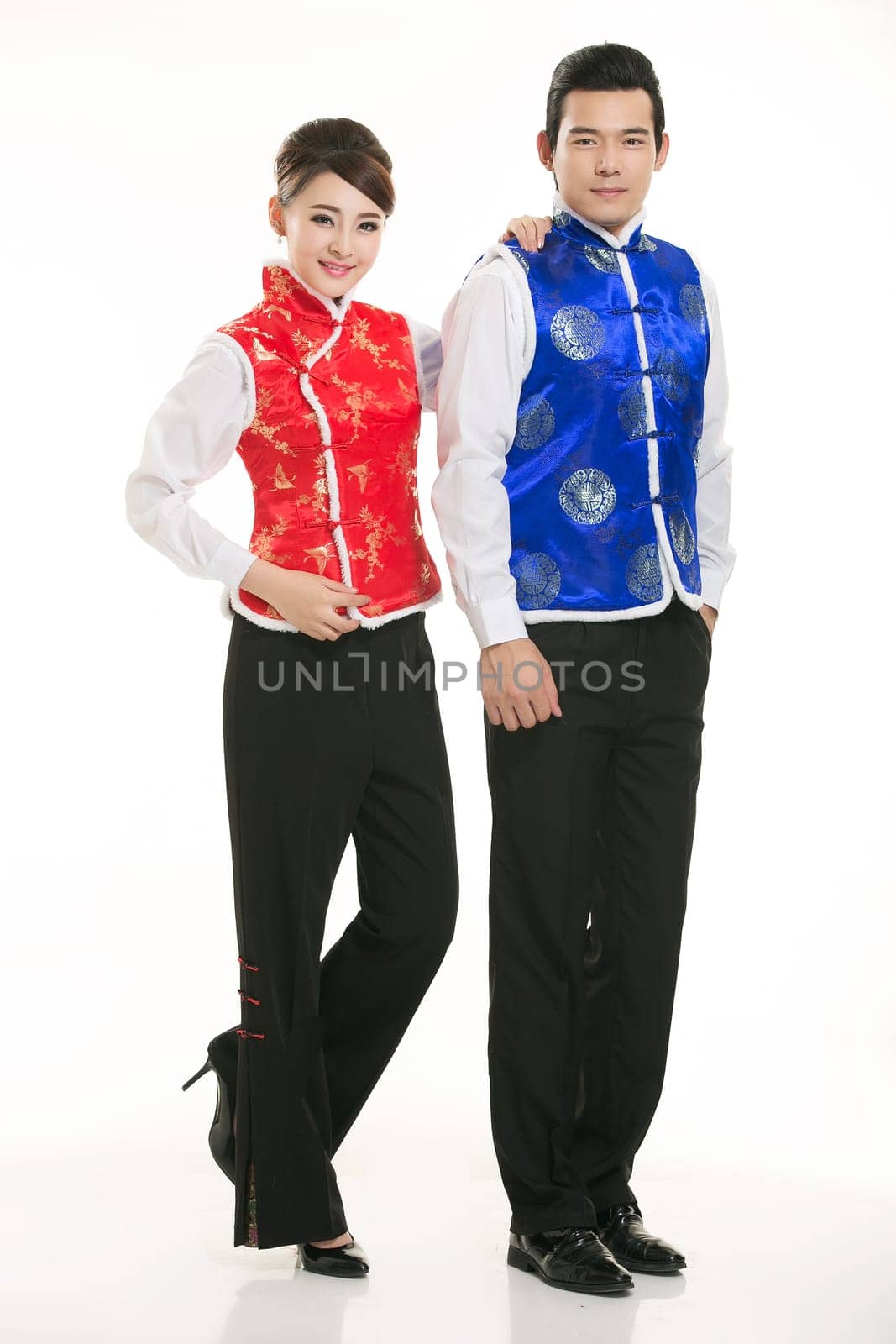 Wearing Chinese clothing waiter in front of a white background