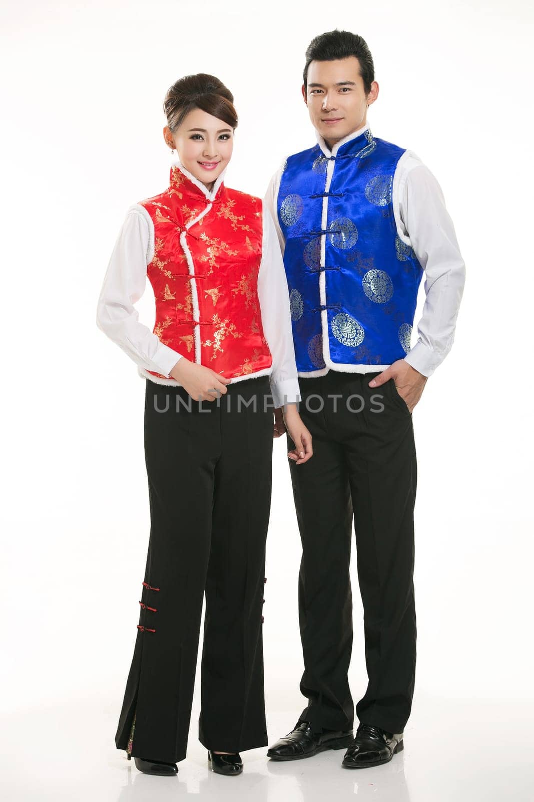 Wearing Chinese clothing waiter in front of a white background