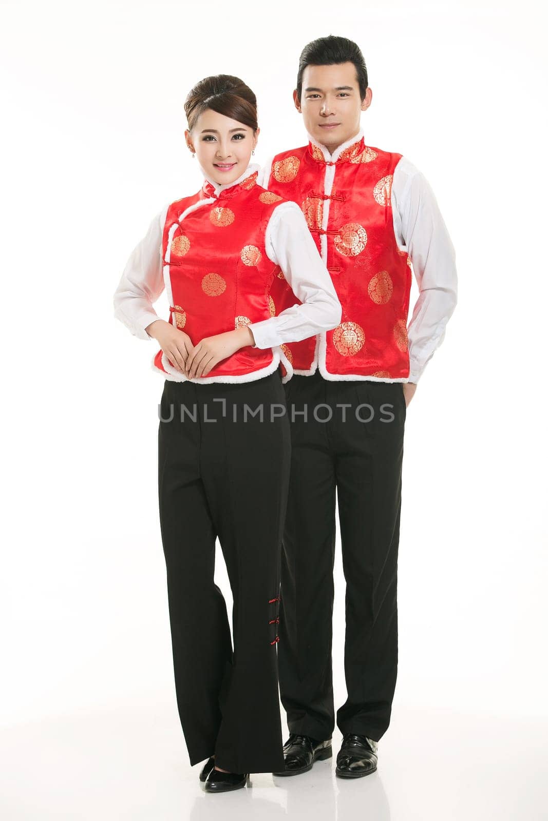 Wearing Chinese clothing waiter in front of a white background