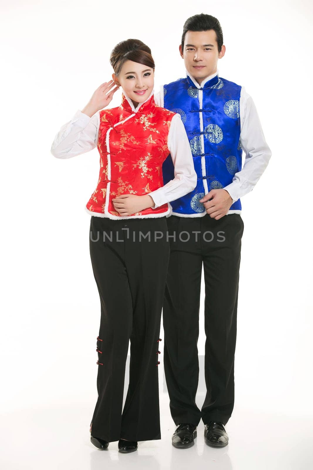 Wearing Chinese clothing waiter in front of a white background