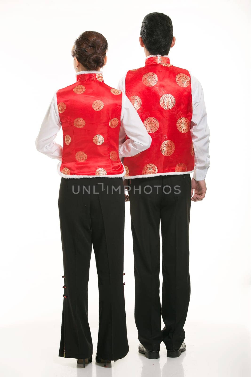 Wearing Chinese clothing waiter in front of a white background