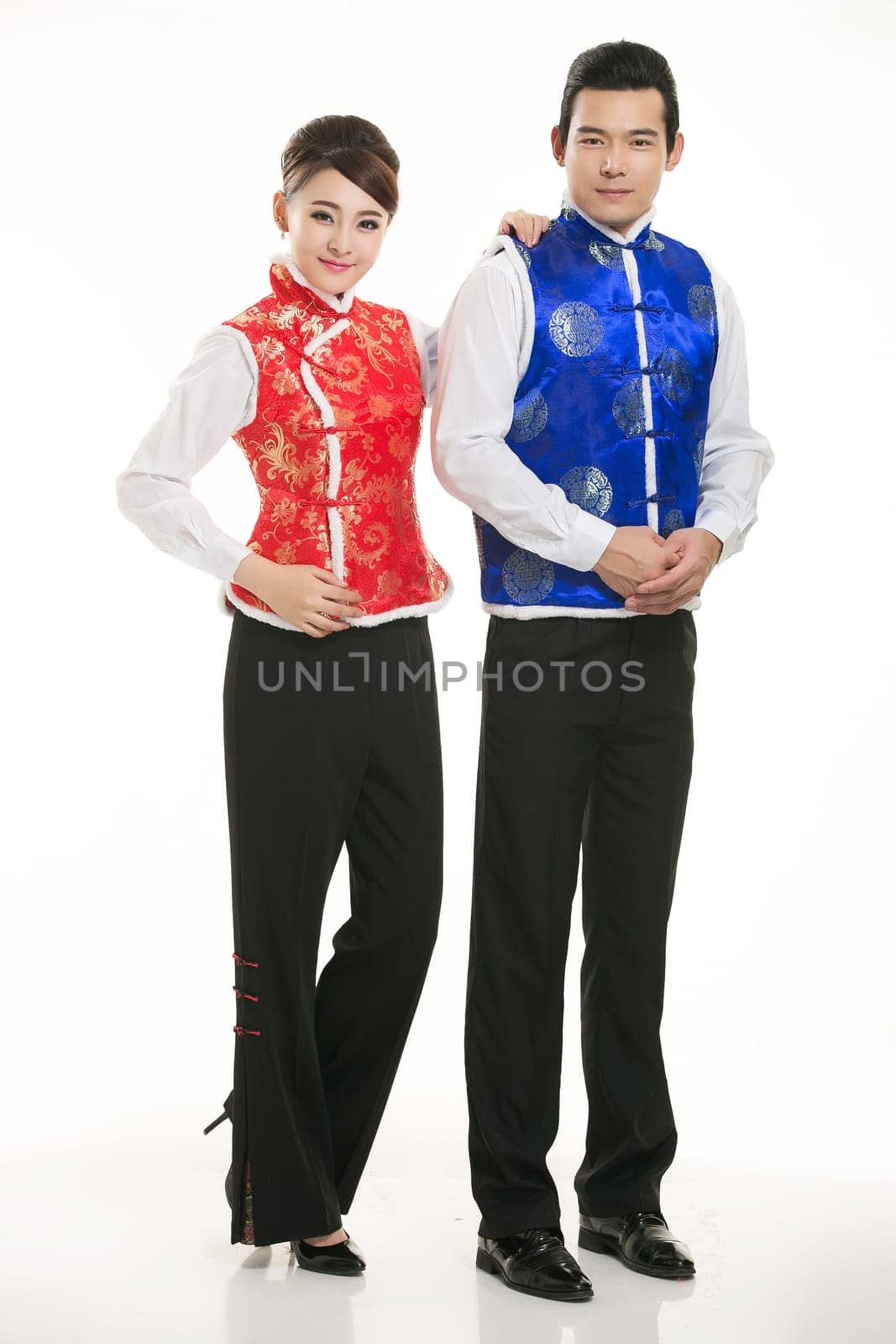 Wearing Chinese clothing waiter in front of a white background