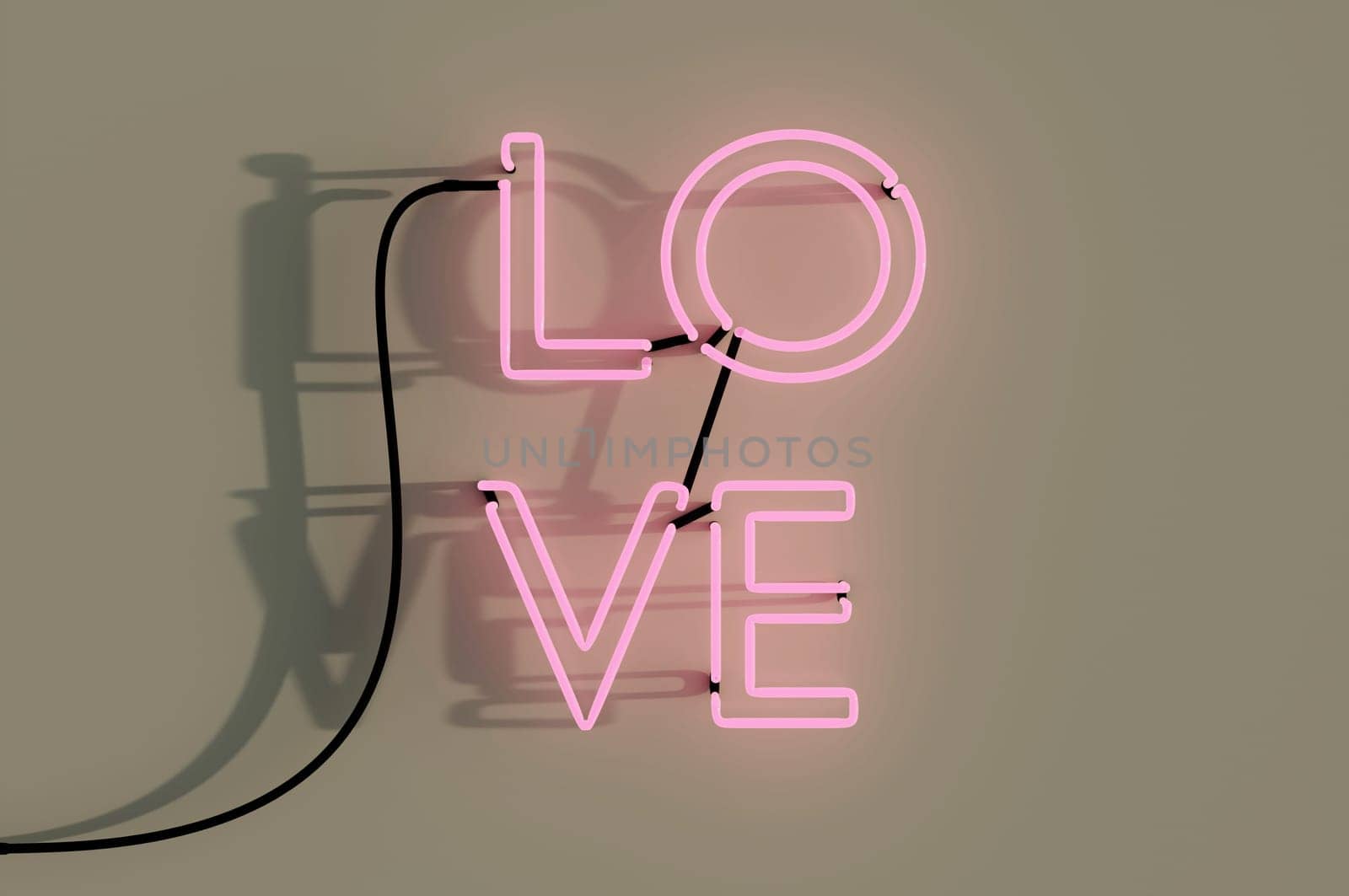 3d illustration . Neon sign. Retro neon Love sign on brown wall  . CONCEPT Happy Valentine's Day. for design, greeting card, banner.