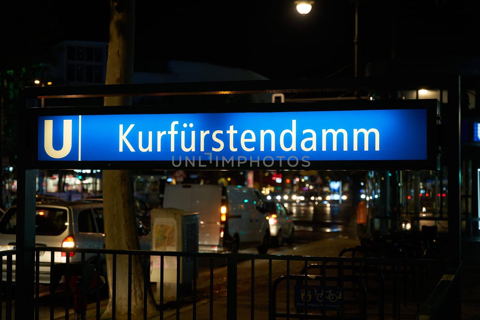 Entrance to Kurfürstendamm subway in Berlin in the evening