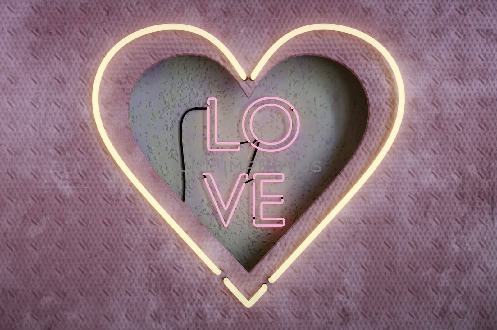 3d illustration . Hole heart shaped inside Retro neon Love sign on cement wall . CONCEPT Happy Valentine's Day.