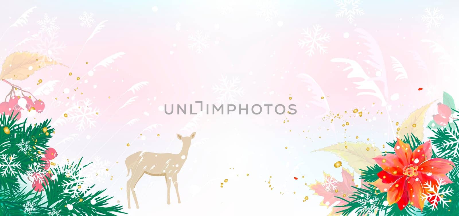 Winter background with fir branches, flower, snowflakes and deer. Greeting card.