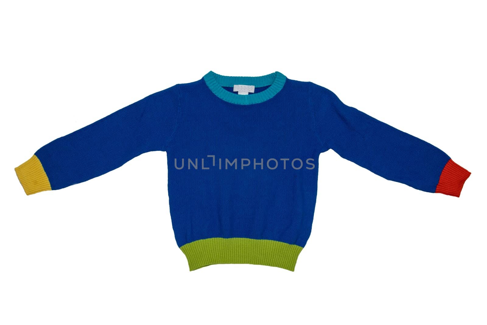 Top view of clothes for child boy isolated on a white background. A beautiful blue little child sweater or knitted cardigan. Autumn and winter fashion for kids.