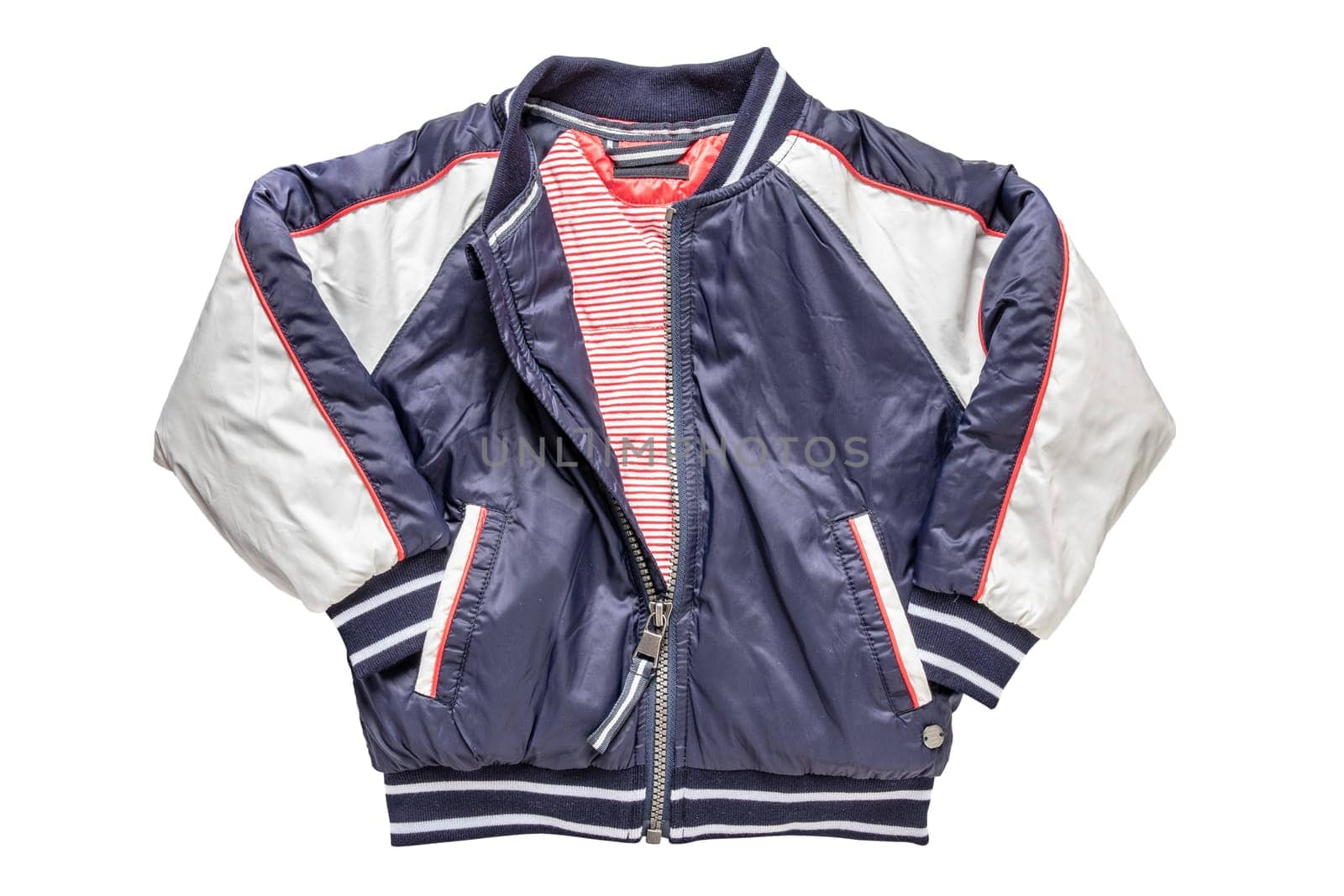Childrens jacket for spring and autumn. Stylish blue white warm down jacket for kids isolated on a white background. Clipping path. Trendy fashion for child.