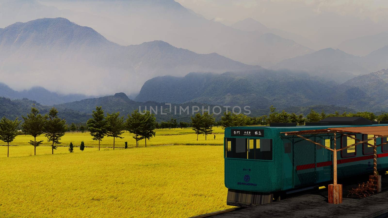 3d rendering of beautiful train and station with nice mountain