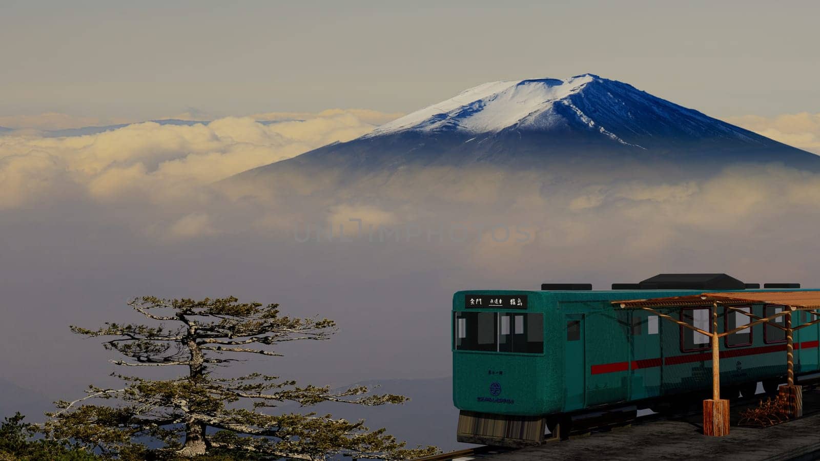 3d rendering of beautiful train and station with nice mountain