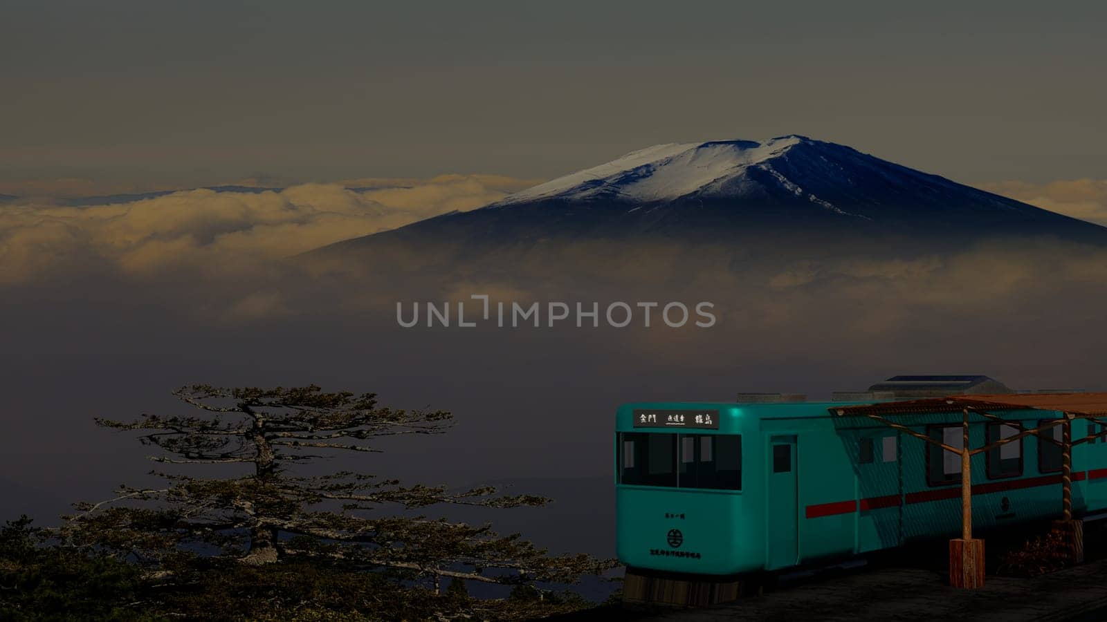 3d rendering of beautiful train and station with nice mountain
