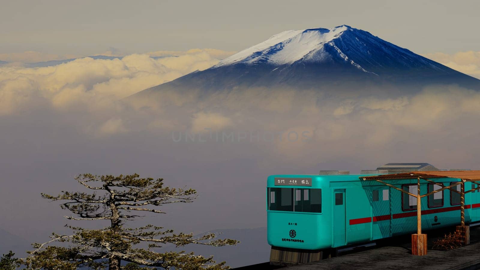 3d rendering of beautiful train and station with nice mountain