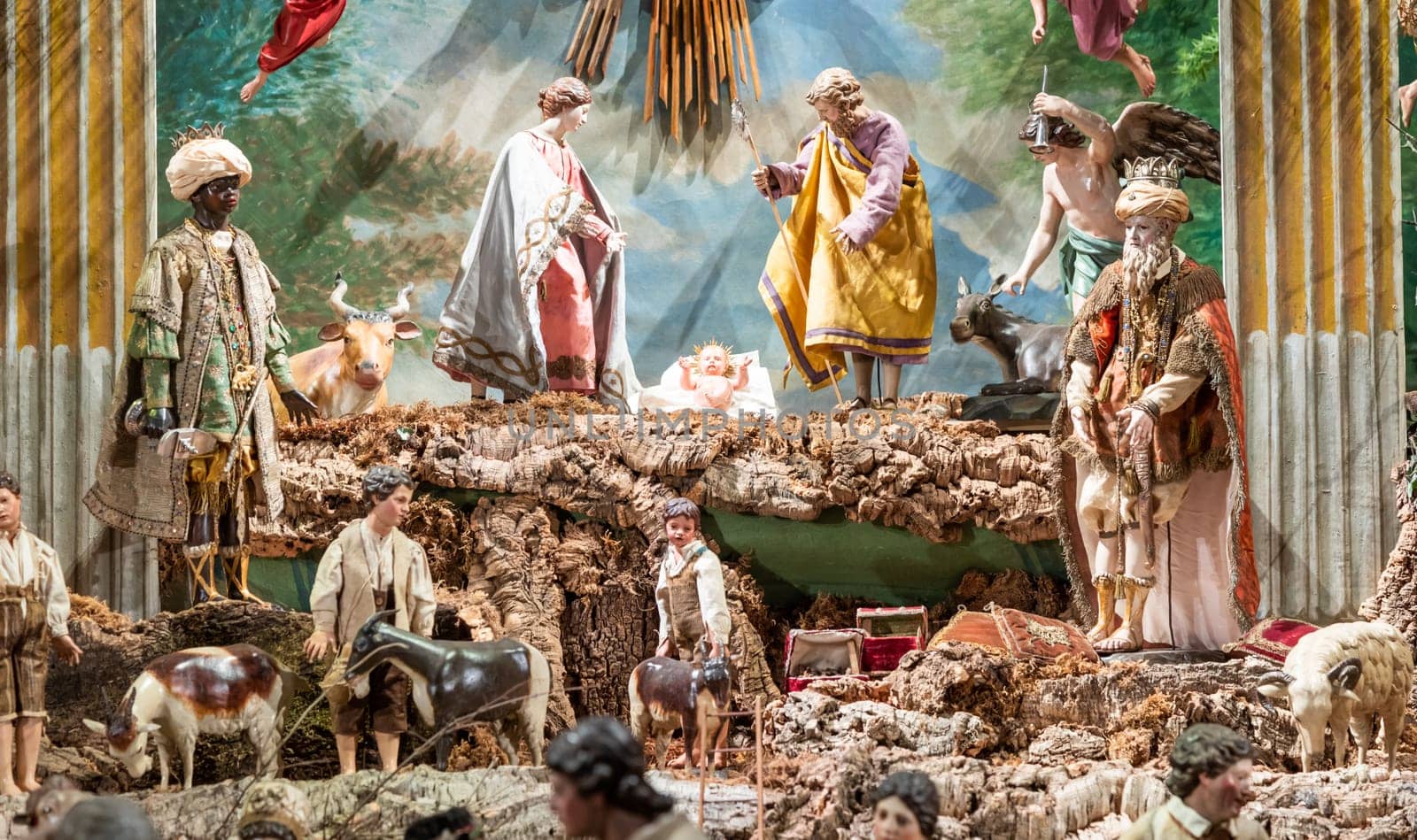 VENARIA REALE, ITALY - Circa January 2022: Italian crib - named presepe - with nativity, 19th Century. Traditional Christmas religious scene.