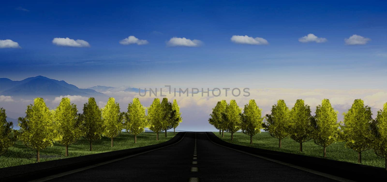 3d rendering of road in autumn with ginkgo in sunset