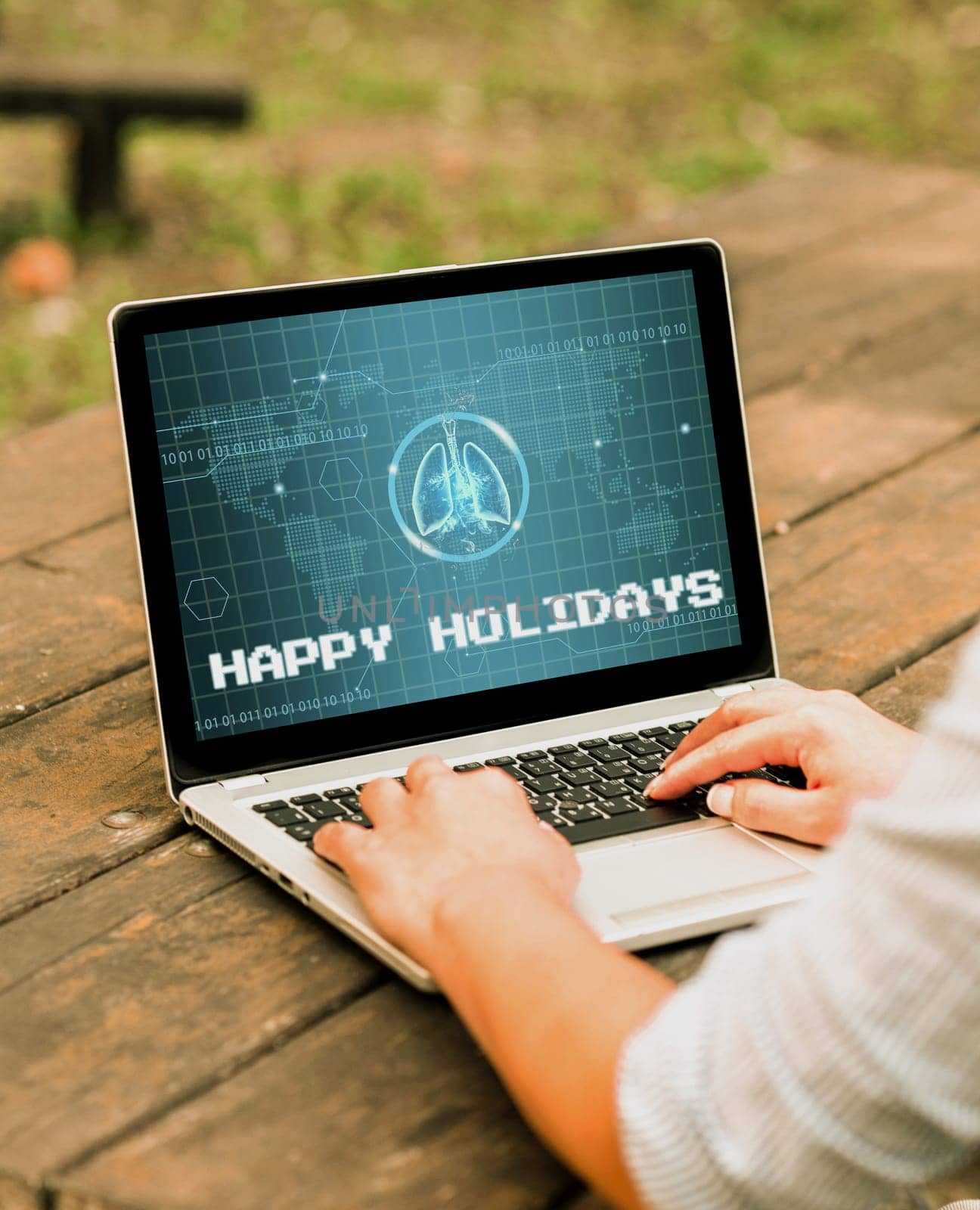 Hand writing sign Happy Holidays, Business showcase Made a short journey by a group of showing for pleasure Laptop Placed Resting On Table Working In The Park Doing Remote Jobs.