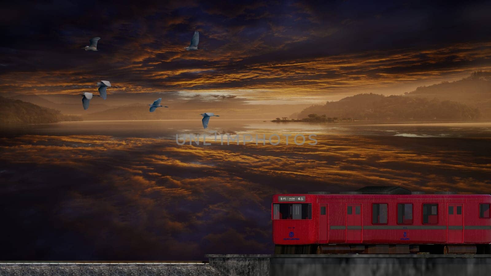 3d rendering of beautiful train and station with nice mountain