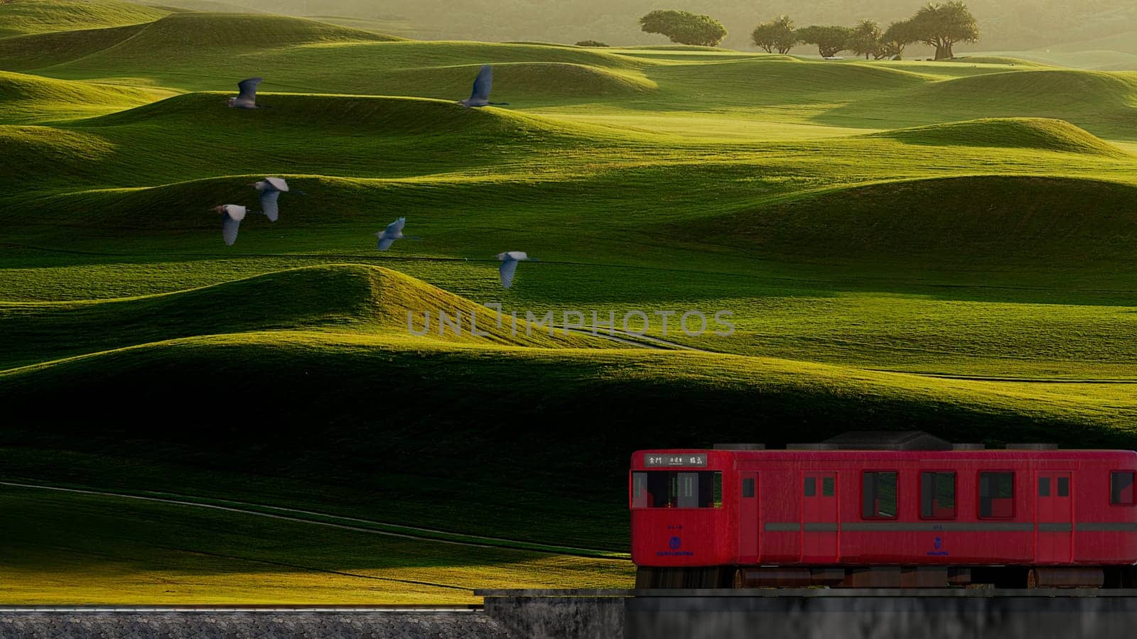 3d rendering of beautiful train and station with nice mountain