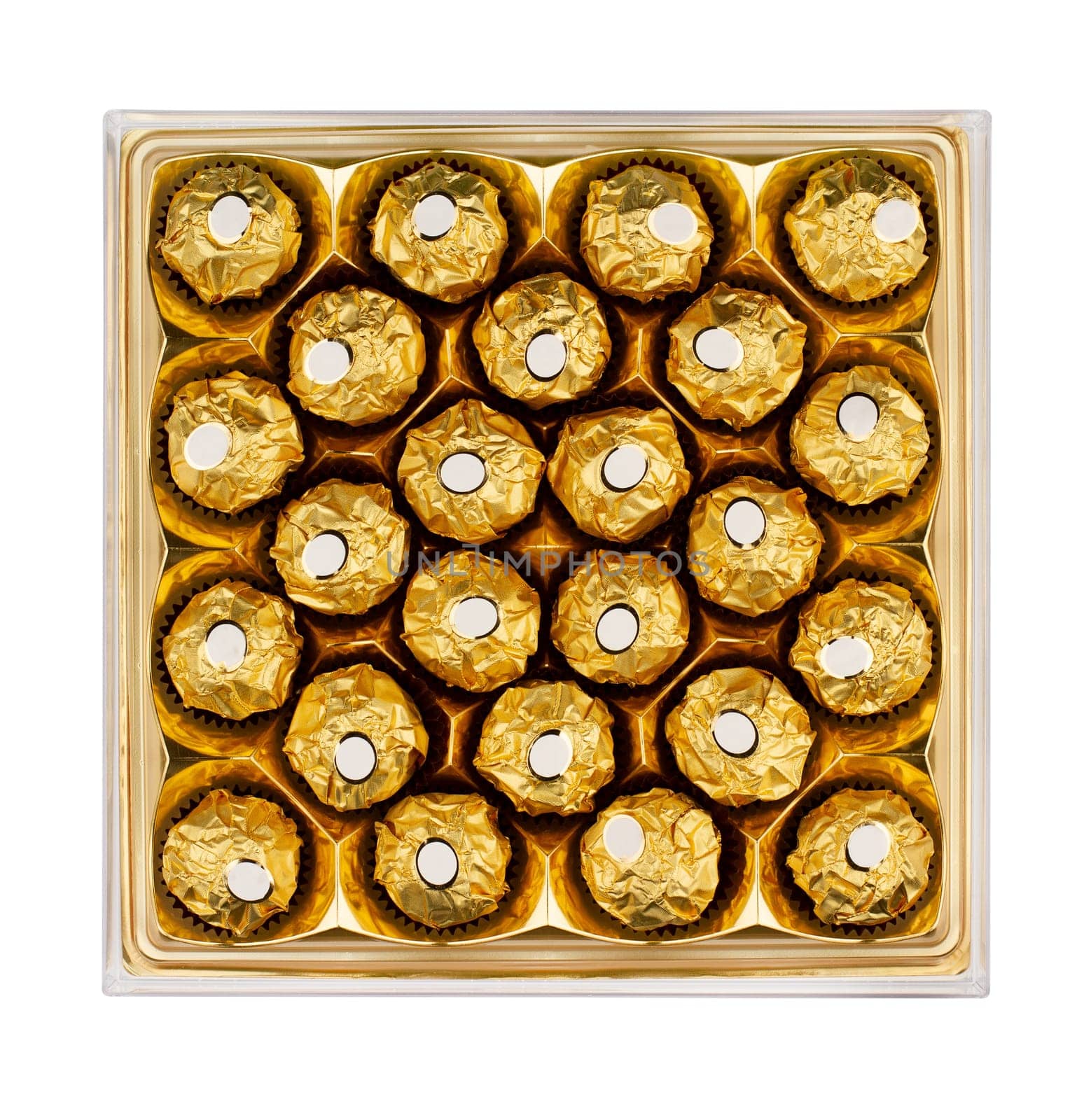 top view of square shaped sweet dessert box with many round chocolate candy in gold wrapping packaging isolated on white background