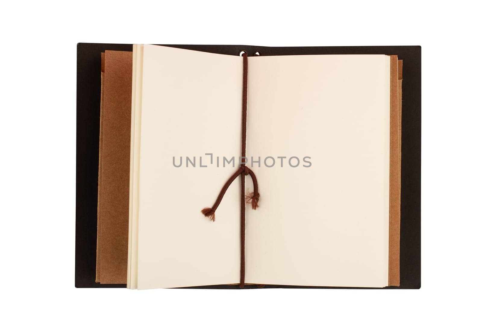 top view closeup of open vintage notebook with empty pages and brown paper cardboard covers isolated on white background