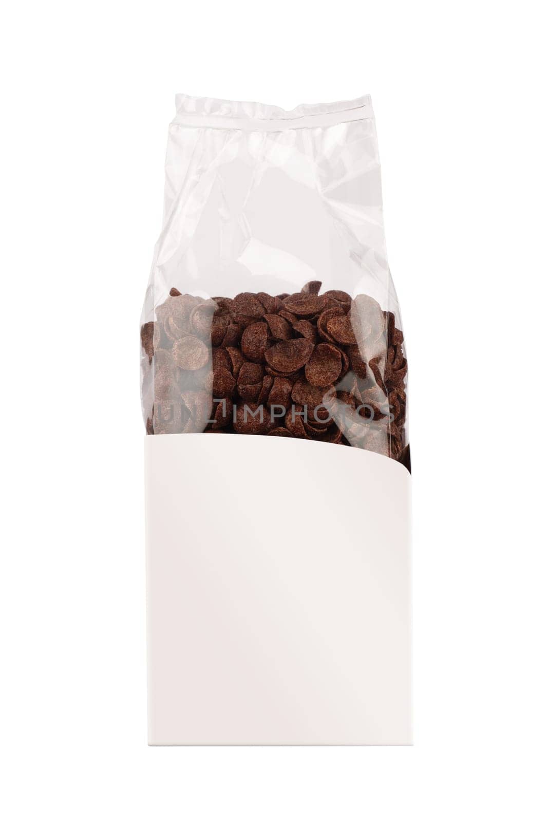 front view closeup of chocolate cornflakes breakfast cereals in tall transparent packaging isolated on white background