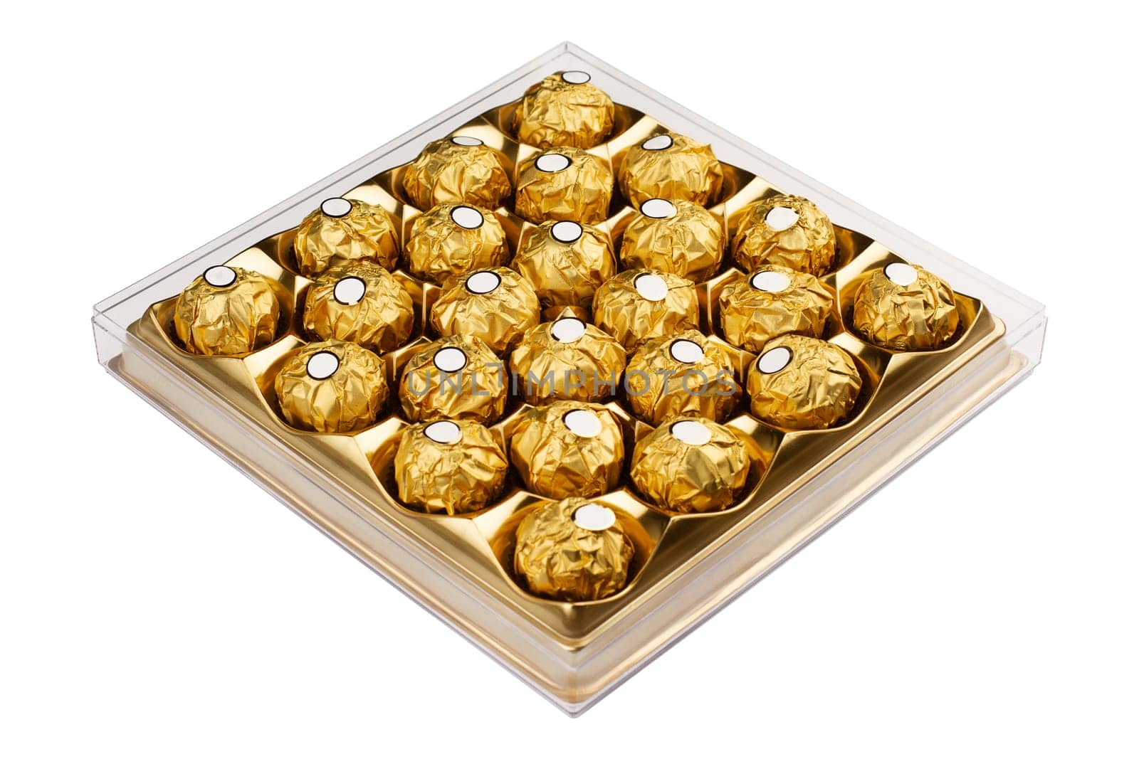 perspective view of square shaped sweet dessert box with many round chocolate candy in gold wrapping packaging isolated on white background