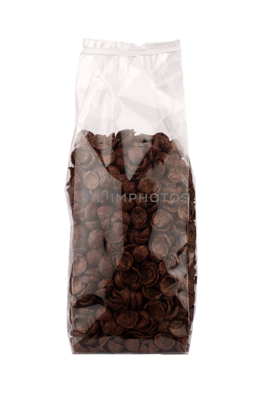 front view closeup of chocolate cornflakes breakfast cereals in tall transparent packaging isolated on white background