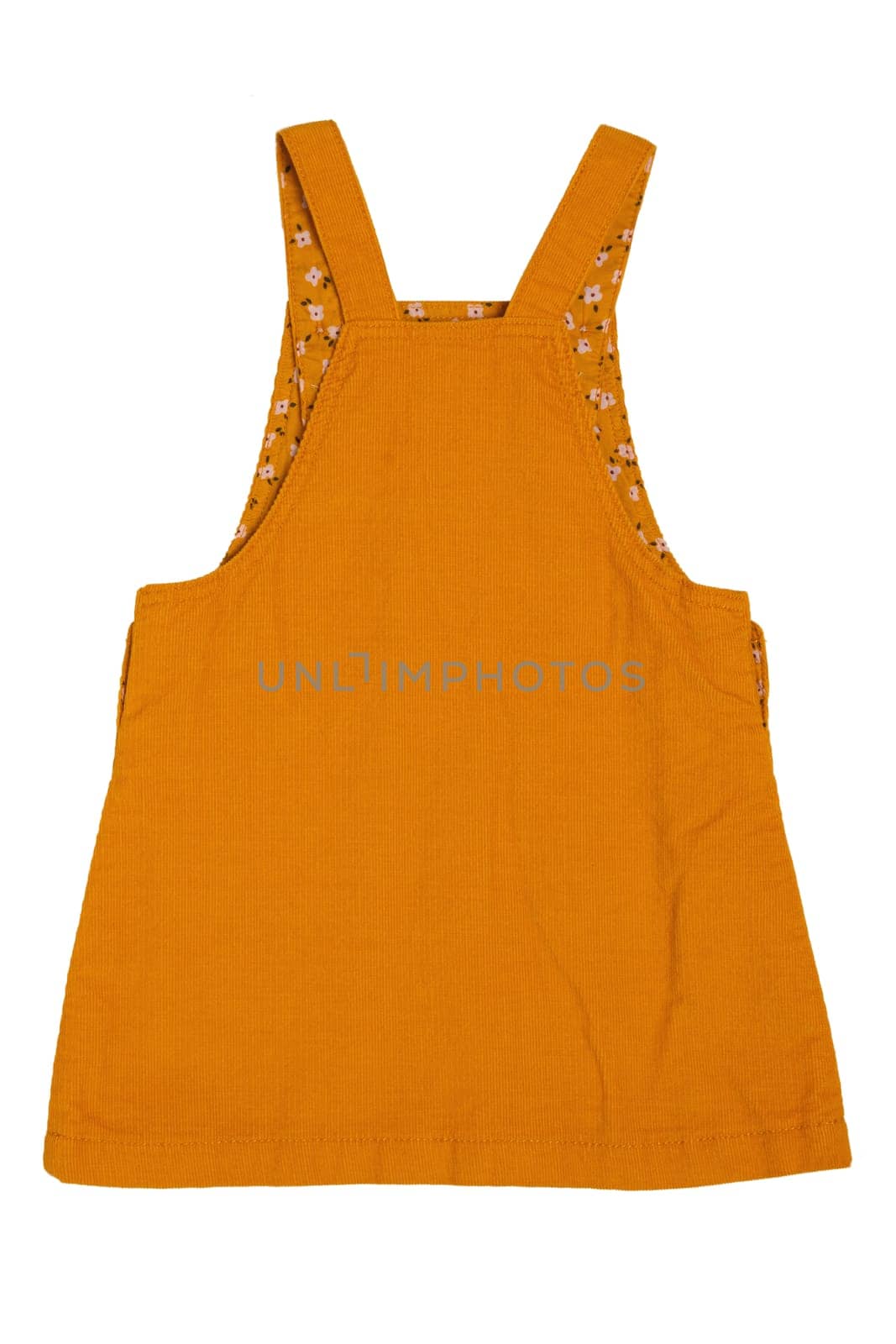 Summer dress isolated. Closeup of a beautiful yellow sleeveless baby girl dress isolated on a white background. Children spring fashion.
