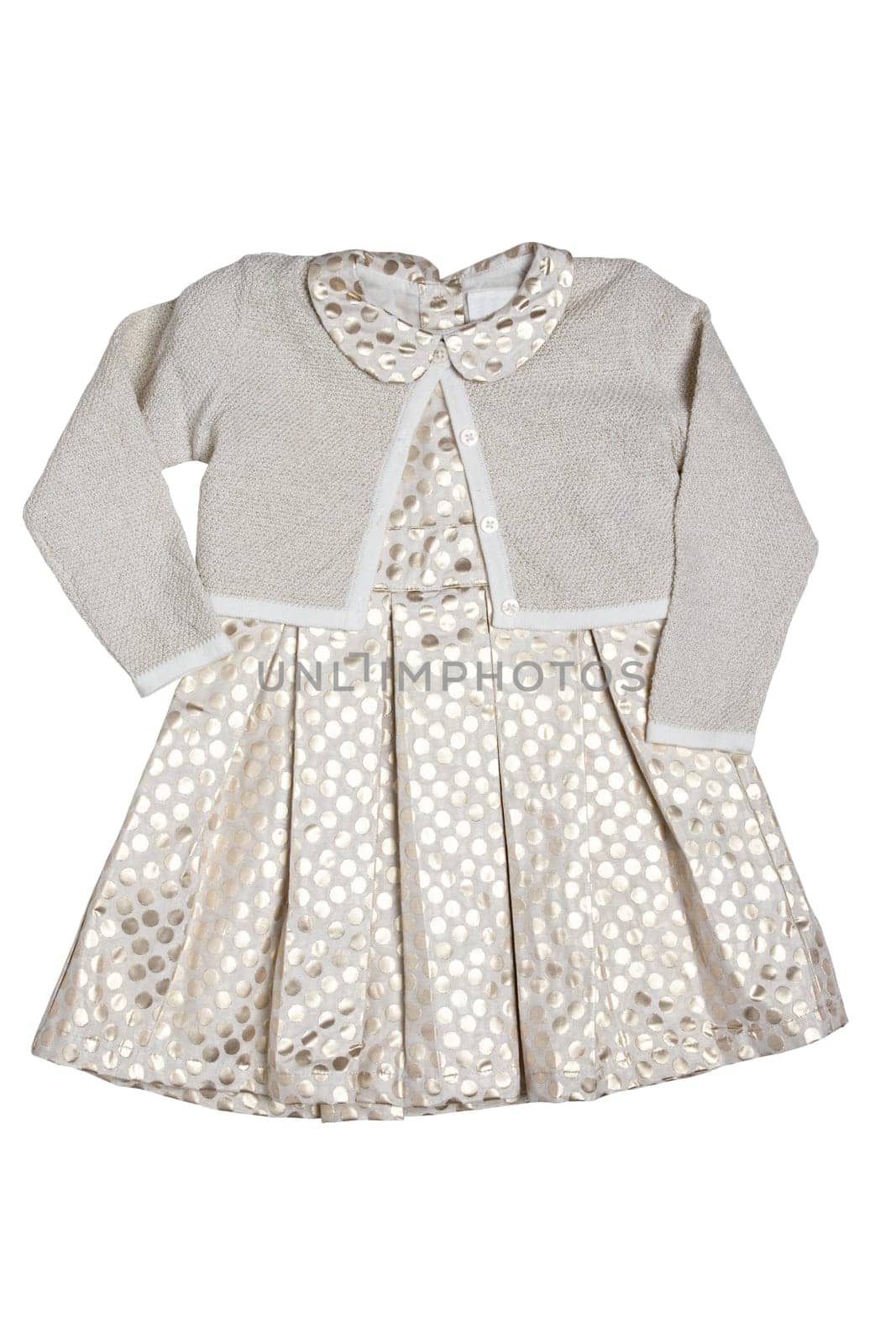 Party dress isolated. Closeup of a beautiful silver sleeveless baby girl dress with vest isolated on a white background. Clipping path. Kids summer clothes.