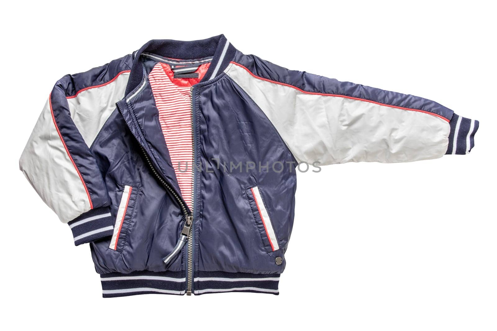 Childrens jacket for spring and autumn. Stylish blue white warm down jacket for kids isolated on a white background. Clipping path. Trendy fashion for child.